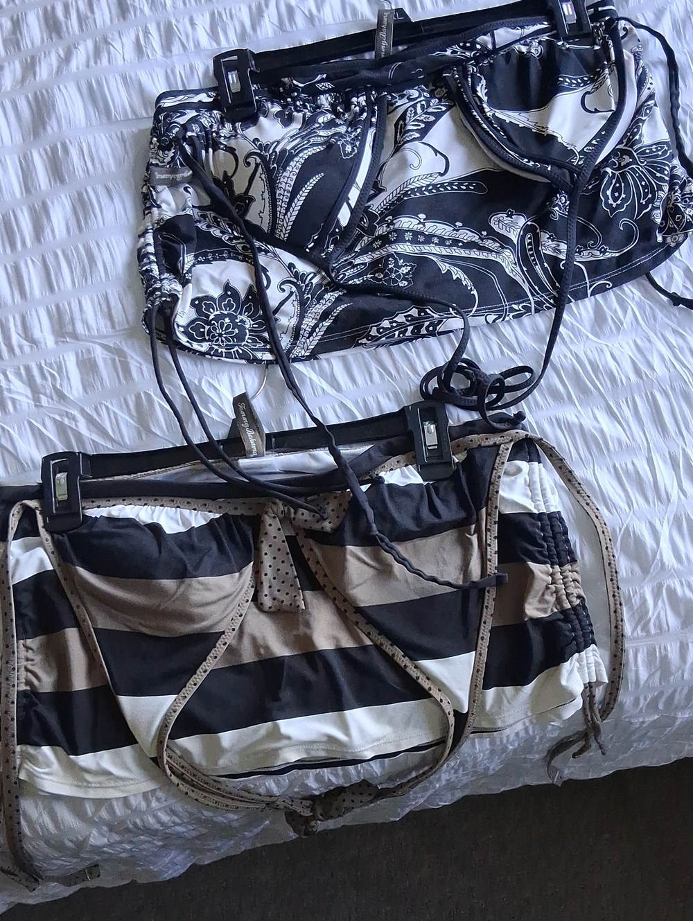 Black & White Paisley and Black/Tan Striped Women’s Swim Tops